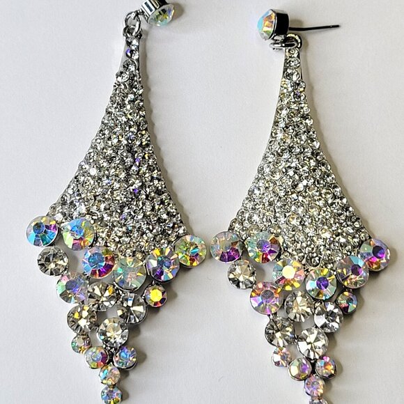 Iridescent Long Crystal Earrings with Aurora Borealis Rhinestone Silver Earrings - Picture 5 of 9